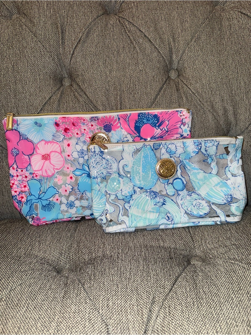 Lilly Pulitzer Floral Cosmetic Pool Pouches in Pink & Light Blue NWOT